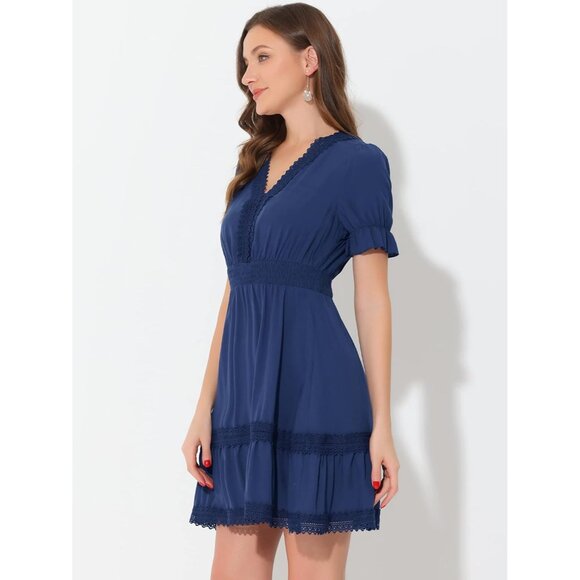 Women's Boho Crochet Trim V Neck Ruffled Tiered Smocked Summer Dress - Picture 3 of 5